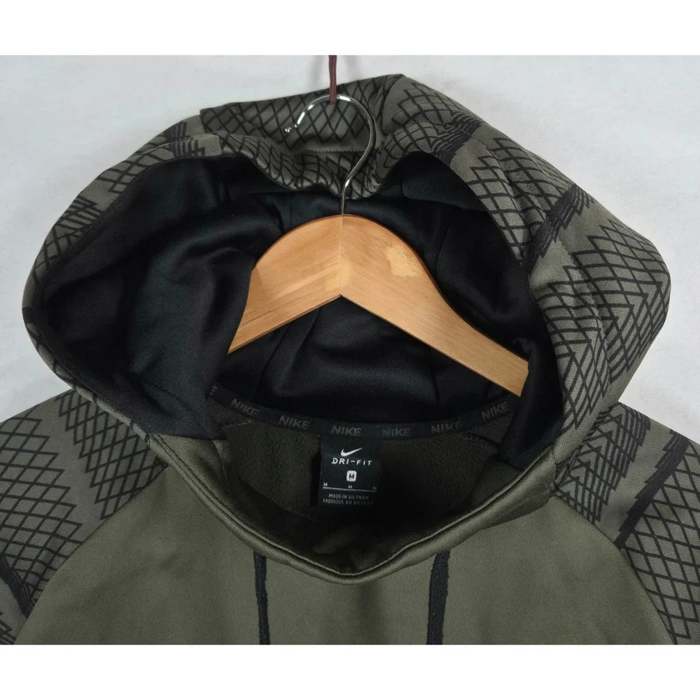 Nike Dri-FIT Mens Hoodie Olive Green Geometric Graphic Pullover Sweatshirt M